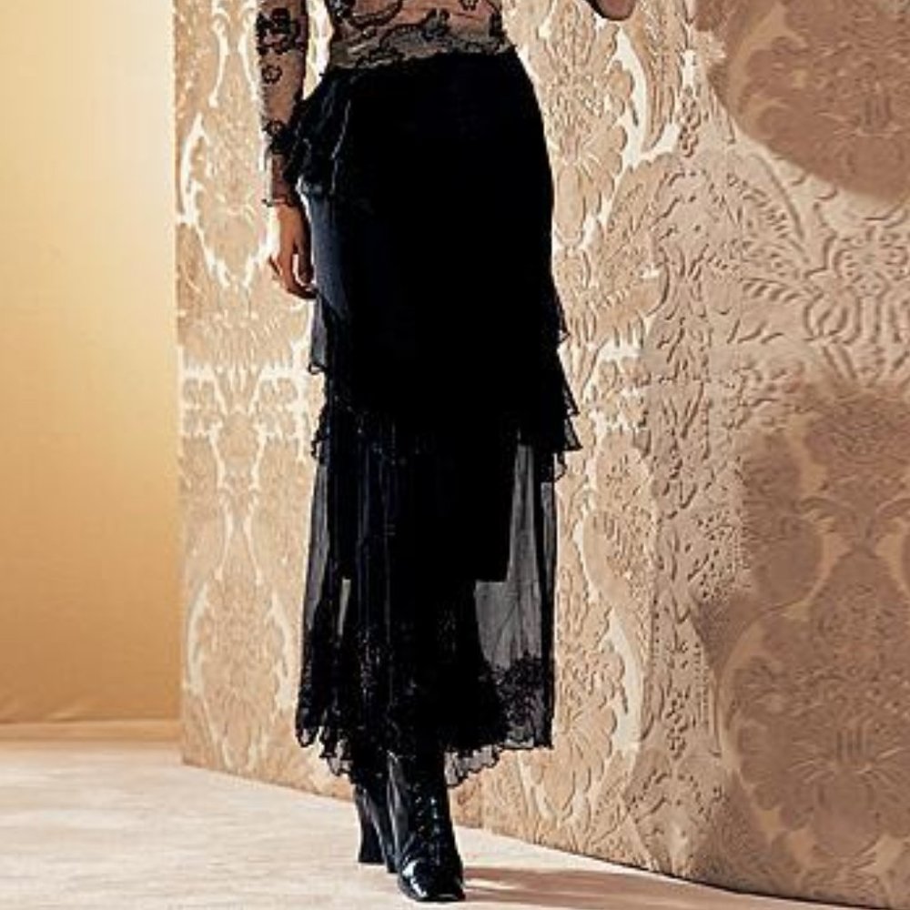 Newport News Silk Ruffle Beaded Maxi Skirt